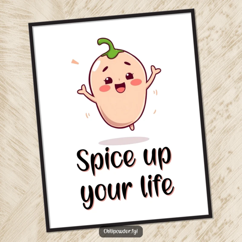 Funny Kawaii Chili Powder Poster: A cute chili character captured mid-shimmy, radiating spicy energy and joyful movement.