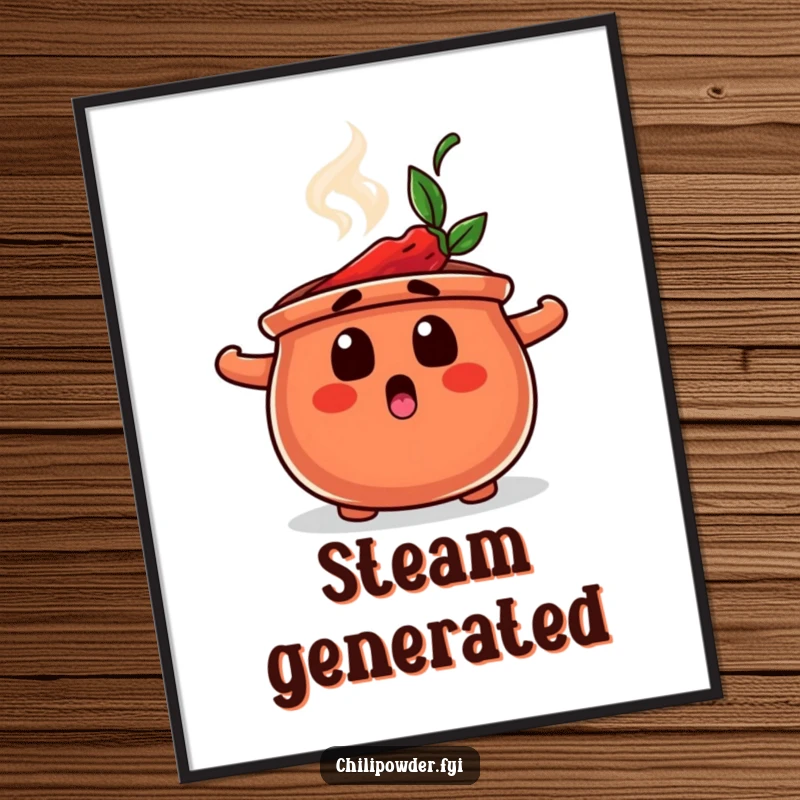 Funny poster art featuring a chili powder pot with a surprised expression and rising steam, illustrating a spicy moment of shock.