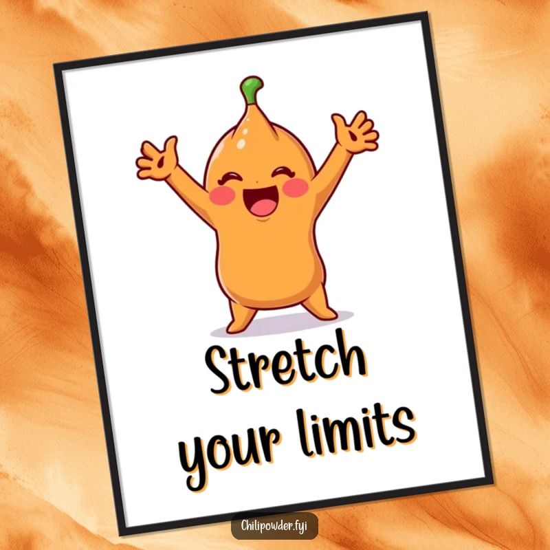 Funny Poster: A cute chili powder character does an exaggerated, joyful stretch, bringing vibrant energy to wall decor.