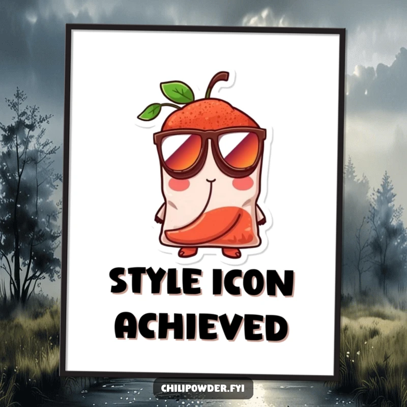 Funny chili powder bag character in oversized sunglasses, exuding confidence and coolness, presented as a stylish poster for wall decoration.