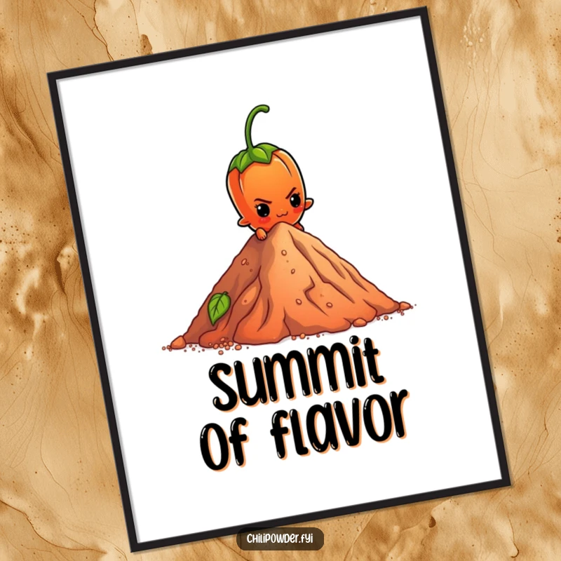 Funny Poster: A determined chili powder element character scales a tiny pepper mountain, showcasing grit and motivational energy.