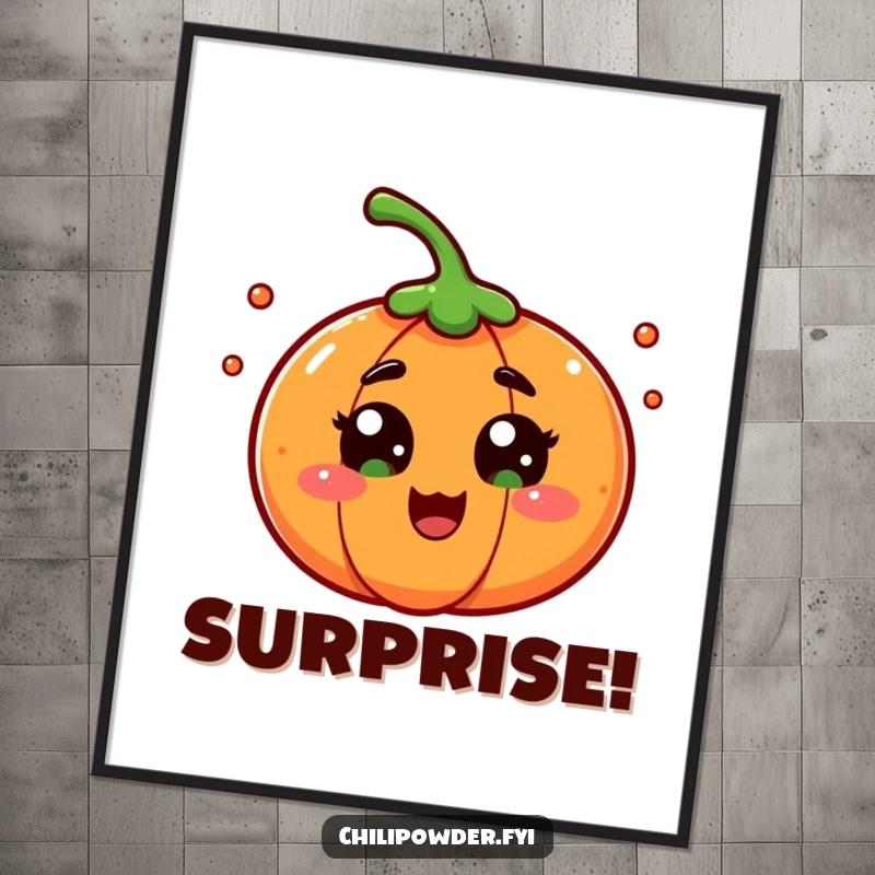A chili powder character with wide eyes in playful surprise, on a poster that brings humorous and expressive vibes to any space.