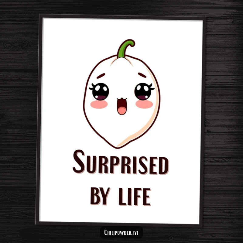 Funny Kawaii Chili Powder Poster - A cute cartoon chili powder character with wide surprised eyes and an open mouth, perfect for spicy wall decor.