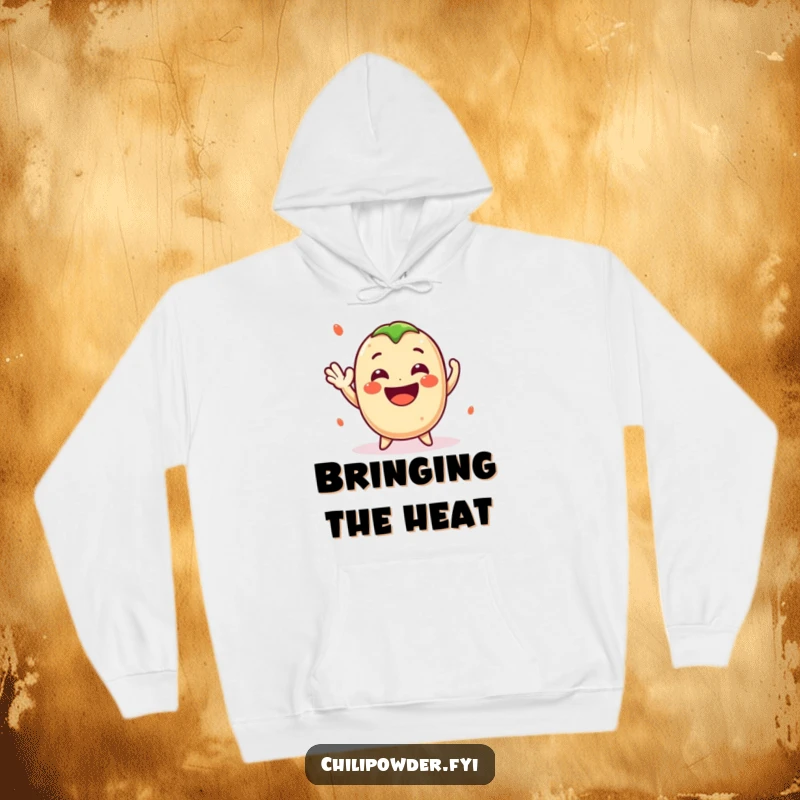 Funny Kawaii Chili Powder Hoodie - A cute cartoon chili powder character waving cheerfully with a big smile, perfect for cozy spicy wear.