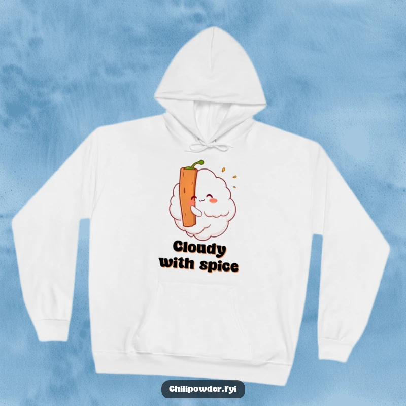 Funny Kawaii chili powder cloud tickling a cinnamon stick design on a cozy and humorous hoodie.