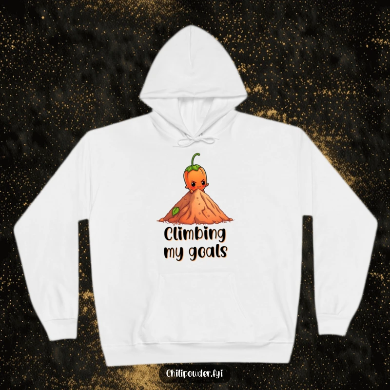 Funny Hoodie: A determined chili powder element scales a pepper mountain, offering warmth and inspirational, humorous vibes.