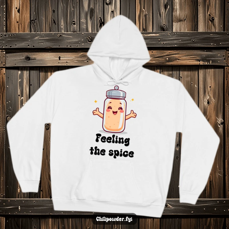 Funny kawaii chili powder shaker hoodie, beaming smile, arms extended, offering a warm and spicy embrace.