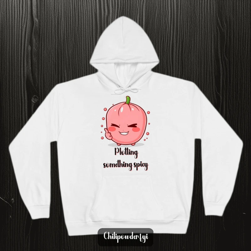 Cozy funny chili powder pinch winking design on a hoodie, radiating warmth and playful mystery.