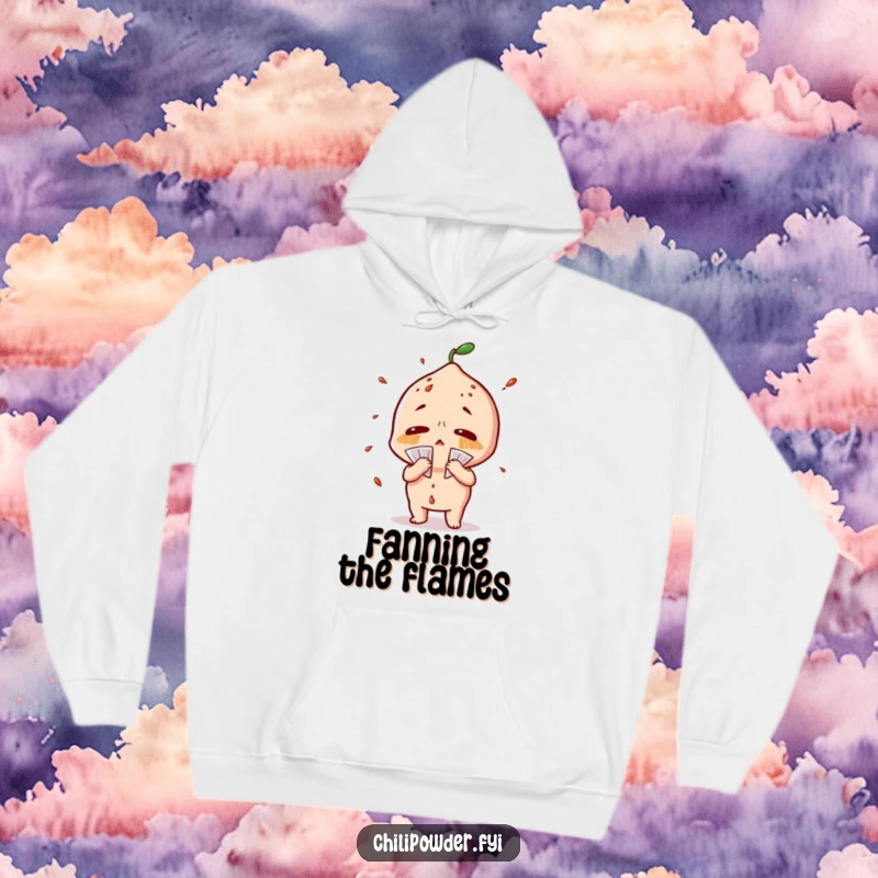 Funny chili powder hoodie depicting a character sweating profusely and fanning itself dramatically, offering warmth and humor.