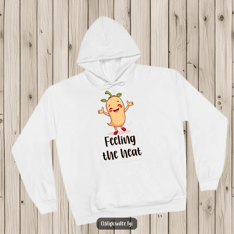 Funny hoodie depicting a smiling chili powder mascot passionately engaged in a dynamic salsa dance, bringing spice to the cold.