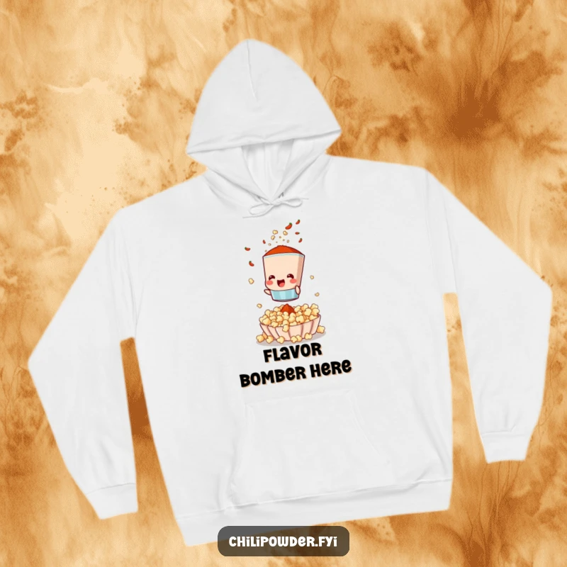 Funny hoodie with a chili powder sifter character excitedly seasoning popcorn, perfect for cozy, flavorful entertainment.