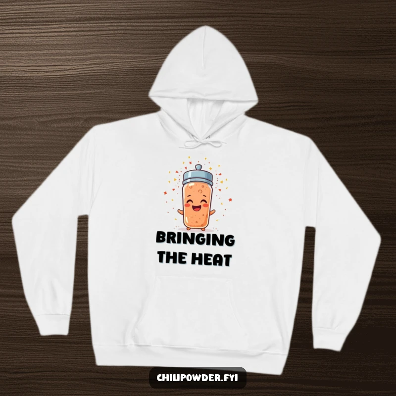 Funny chili powder shaker erupting in confetti, a cozy and humorous hoodie for festive occasions.