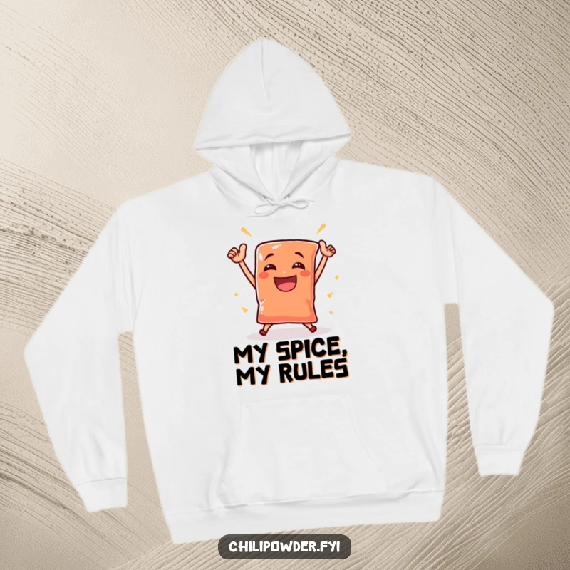 Funny chili powder pouch happily dances with a triumphant grin on a warm and humorous hoodie, celebrating success.