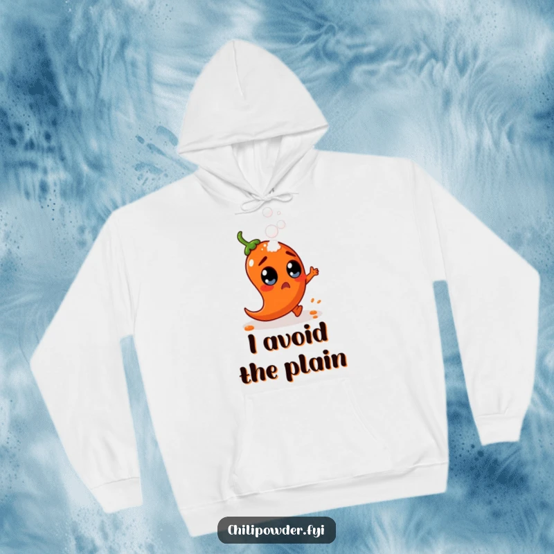 Funny chili powder character with wide, shocked eyes is caught mid-dodge from a falling salt shaker on a warm hoodie.