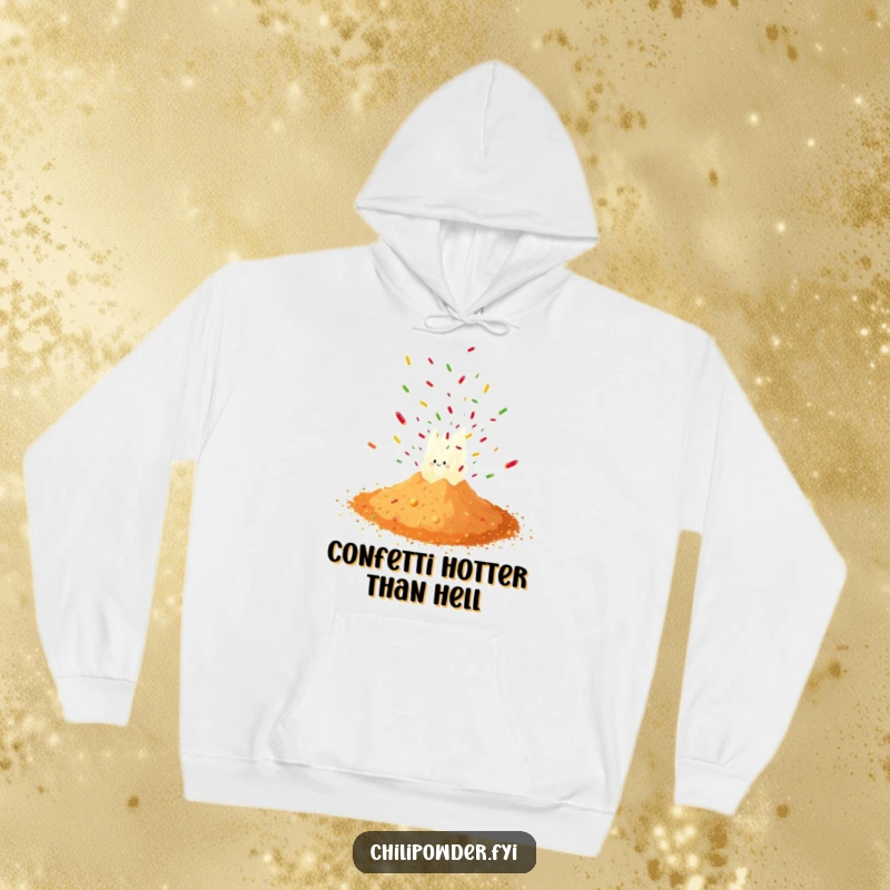 Funny chili powder erupting in a confetti blast, printed on a soft hoodie for a cozy and humorous look.