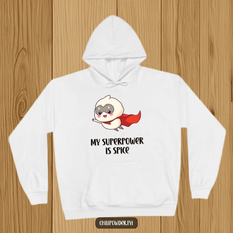 Funny chili powder puff hero, cape flowing, flying through the air, featured on a warm and comfortable hoodie.