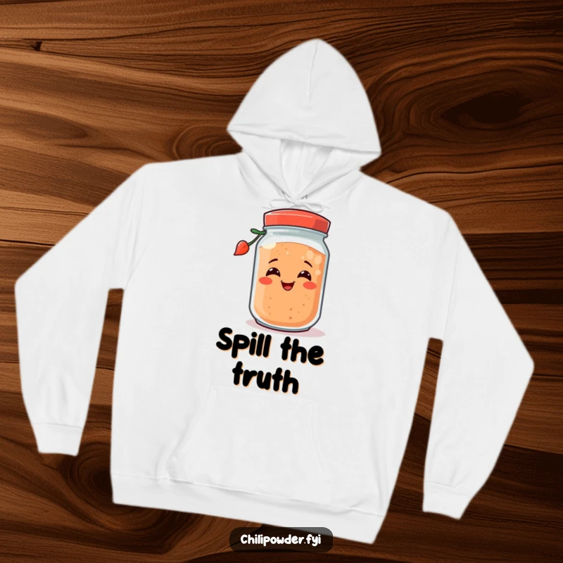 Funny chili powder jar with a happy grin, tipping over playfully, printed on a soft hoodie for humorous comfort.
