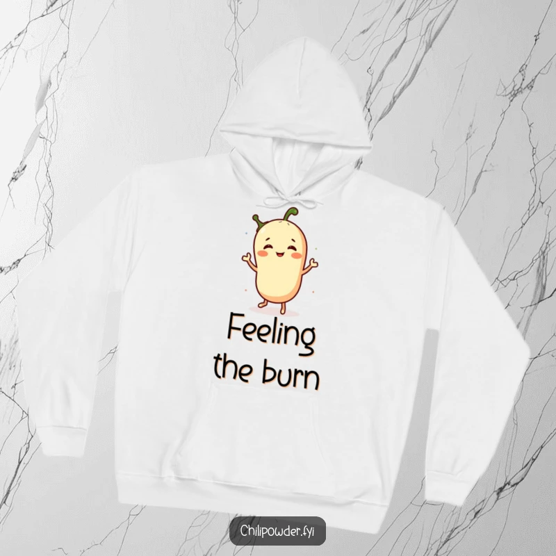 Funny hoodie showcasing a chili powder character performing a lively jig, bringing warmth, humor, and a spicy dance to the wearer.