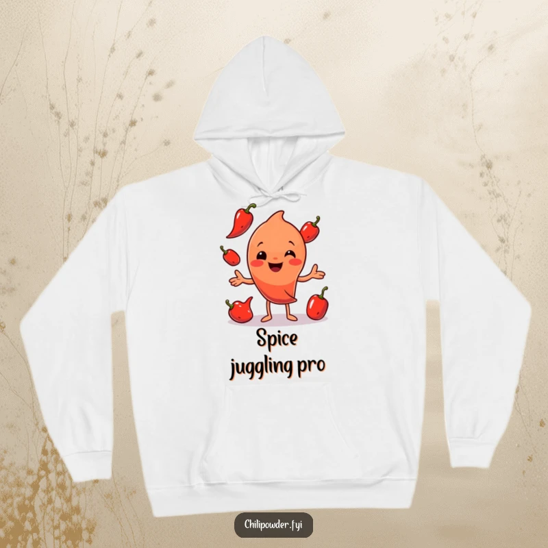 Funny Chili Powder Juggling Hoodie: A smiling chili powder character in action, juggling peppers on a cozy hoodie for a humorous look.