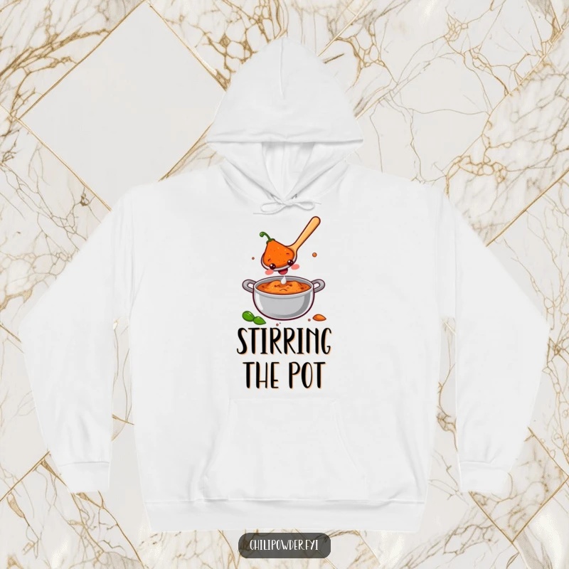 A smiling chili powder spoon stirring a pot of joy, printed on a soft hoodie for cozy and humorous comfort.