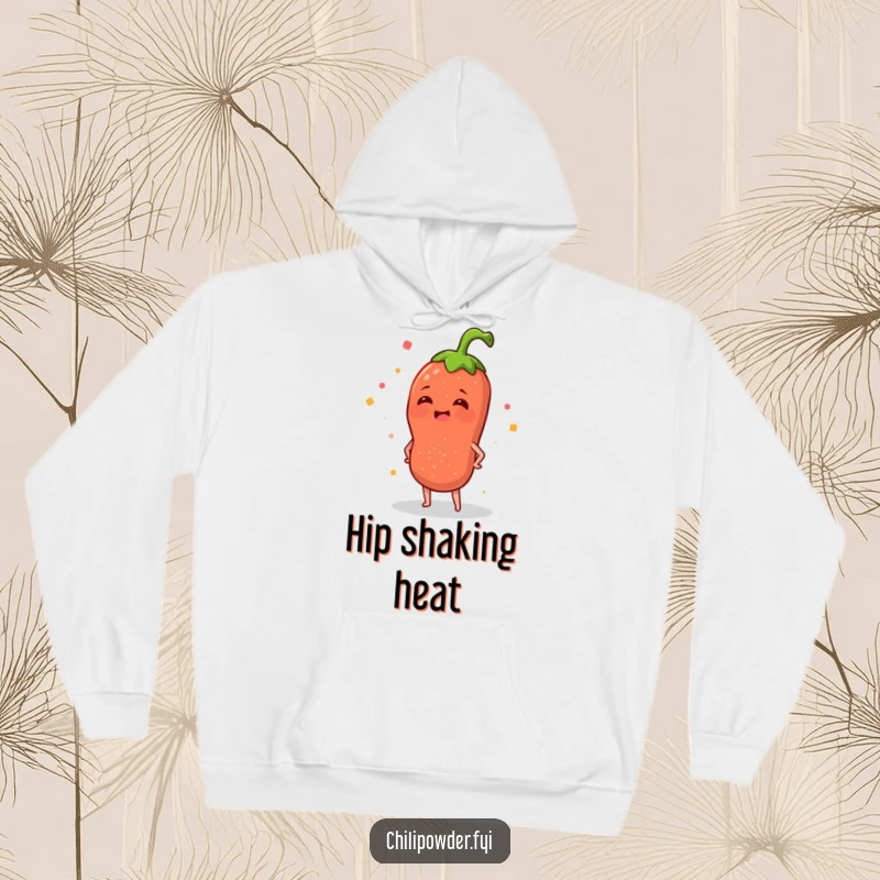 Funny hoodie showcasing a chili powder sprinkle character happily wiggling its hips, offering warmth and a dose of spice-themed fun.
