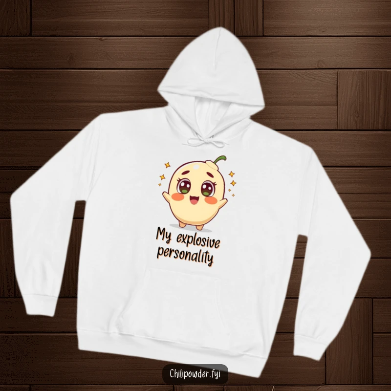 Funny hoodie depicting a joyful chili powder character with amazed eyes, launching tiny comets, ready for stellar adventures.