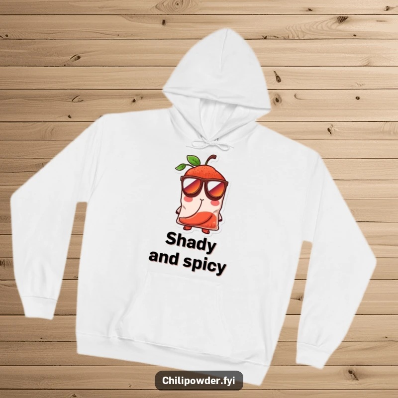 Funny chili powder bag character in oversized sunglasses looking super cool, featured on a warm hoodie for ultimate comfort and style.