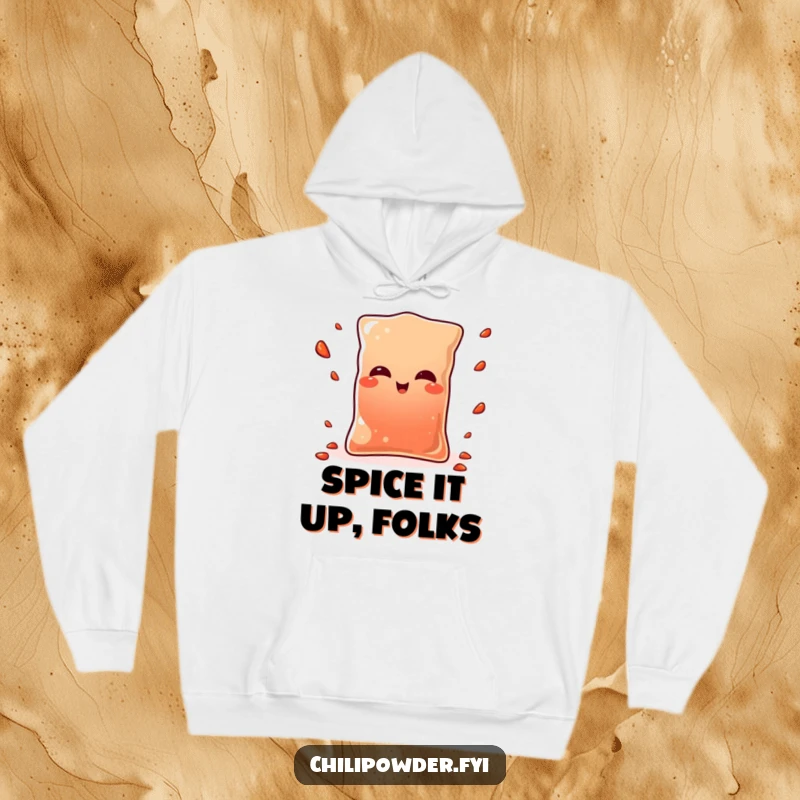Funny Kawaii chili powder pouch winking with a playful smirk while juggling tiny pepper flakes, designed for comfortable and humorous hoodies.
