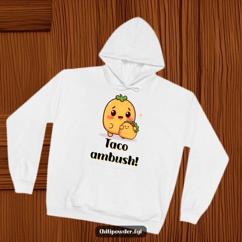 Funny Hoodie featuring a surprised kawaii chili powder character looking shocked as a tiny taco sneaks up, offering cozy amusement.
