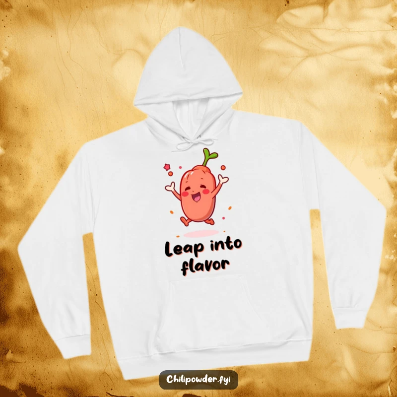 Funny Kawaii chili powder character leaping with a puff of spice, featured on a comfortable and humorous hoodie.