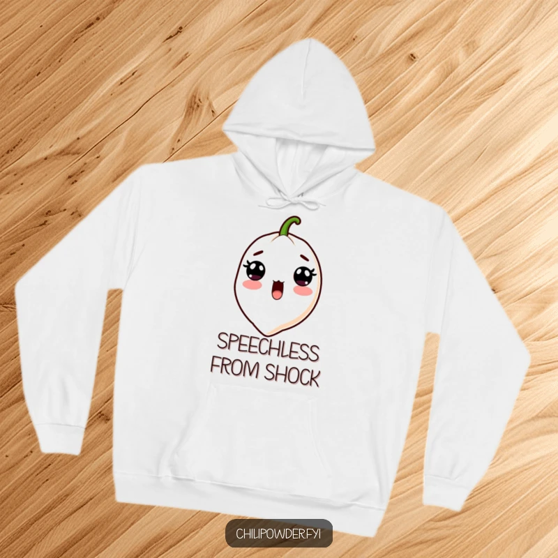 Funny Kawaii Chili Powder Hoodie - A cute cartoon chili powder character with wide surprised eyes and an open mouth, perfect for cozy spicy wear.