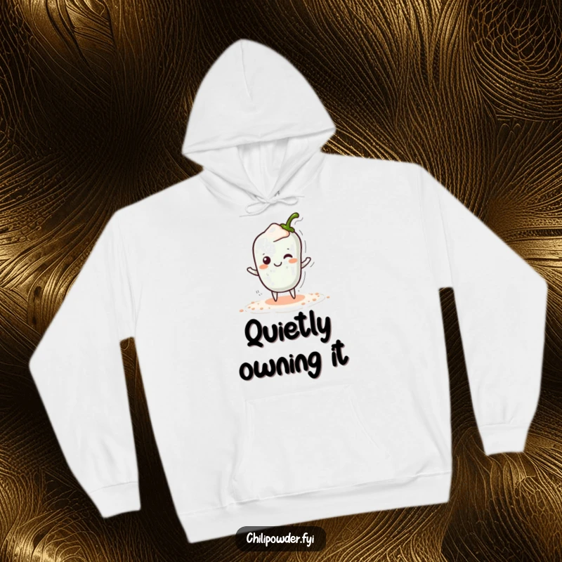 Funny Kawaii Chili Powder Hoodie - A cute cartoon chili powder character tiptoeing sneakily with a hidden smile, perfect for cozy playful wear.