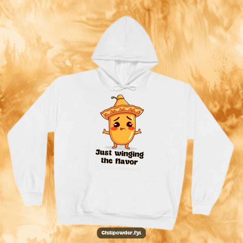 Funny Hoodie: Kawaii chili powder character in a mini sombrero, shrugging hilariously, perfect for a cozy, lighthearted, and funny gift experience.