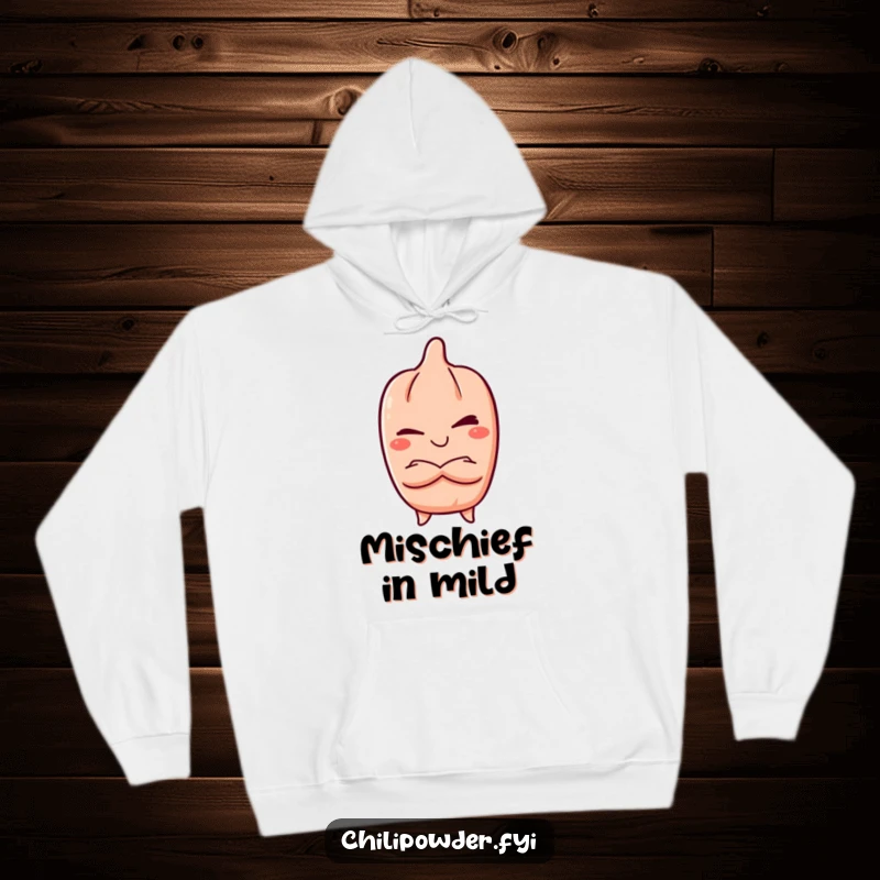 Funny Hoodie: Kawaii chili powder character winking mischievously, arms crossed, exuding a confident and playful vibe, a cozy and humorous gift.