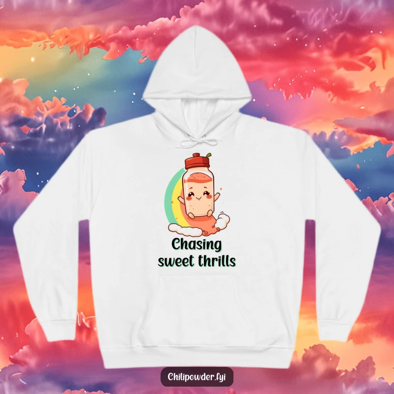 Funny hoodie depicting a chili powder shaker with a playful smirk, gracefully sliding down a vibrant rainbow, bringing color.