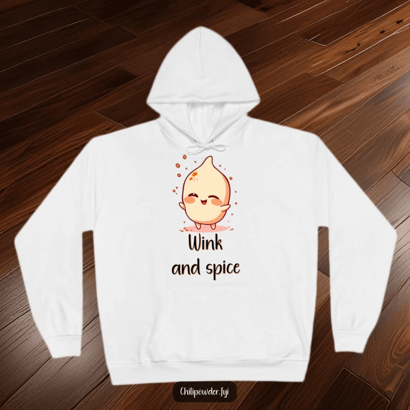 Funny chili powder character winking and sprinkling spice on a cozy hoodie, exuding playful charm.