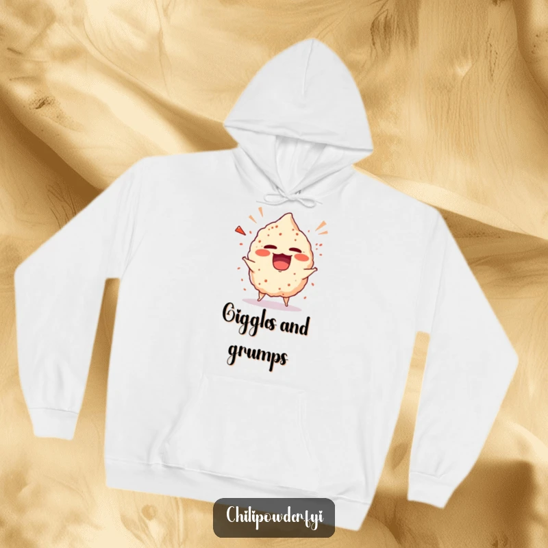 Funny chili powder puff in a giggling tantrum, featured on a soft and warm hoodie for maximum fun.