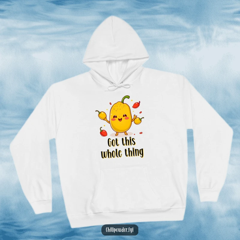 Funny Kawaii Chili Powder Hoodie - A cute cartoon chili powder character juggling small smiling peppers with tiny arms, perfect for cozy spicy wear.