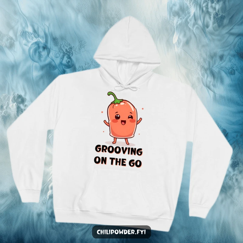 Funny Kawaii chili powder pouch doing a spirited shimmy dance, a cozy and humorous hoodie.