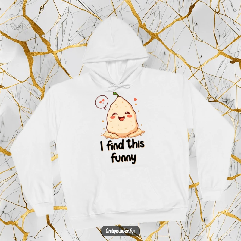 Funny Kawaii chili powder pile laughing heartily with a speech bubble, featured on a soft and cozy hoodie.