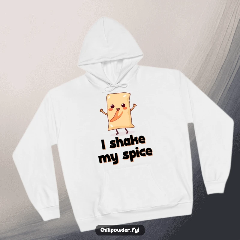 Funny Kawaii chili powder bag character with legs dancing salsa on a cozy hoodie, radiating spicy joy.