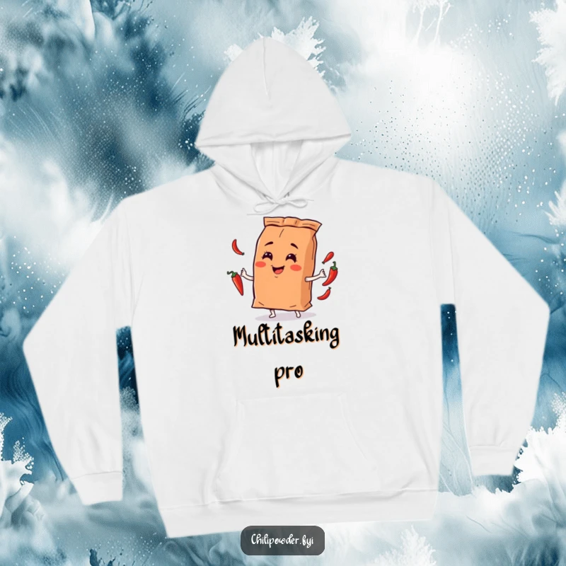 Funny chili powder bag character juggling miniature chili peppers with a playful smirk, featured on a cozy hoodie for warmth and humor.