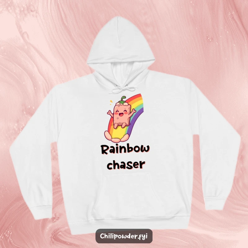 Funny chili powder bag character comically cheering while sliding down a rainbow, on a comfortable hoodie for cozy adventures.