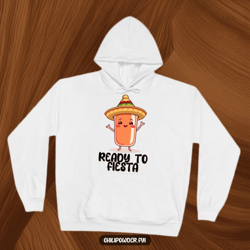 Cozy funny chili powder container with a sombrero samba design on a hoodie, radiating festive warmth.