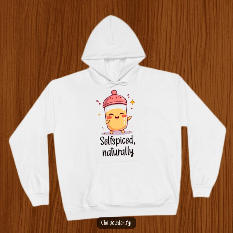 Funny, winking kawaii chili powder shaker winks playfully while sprinkling spice on a warm and humorous hoodie.
