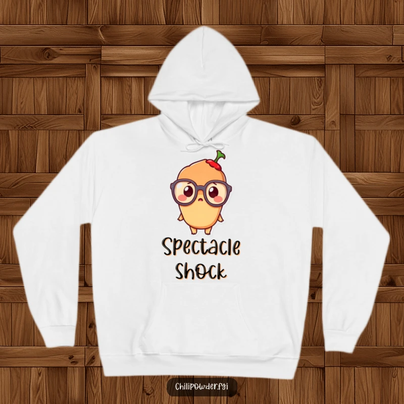 Funny Kawaii Chili Powder Hoodie: An endearing, surprised kawaii chili character wearing oversized glasses, printed on a cozy hoodie.