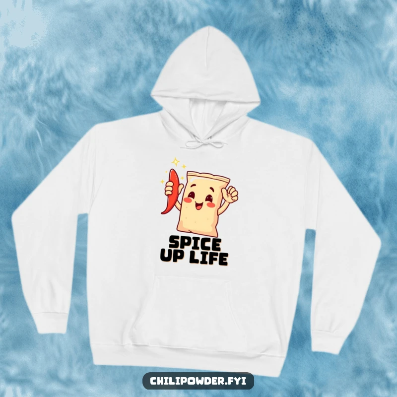Funny chili powder bag character giving a joyful, shimmering high-five, featured on a cozy hoodie.