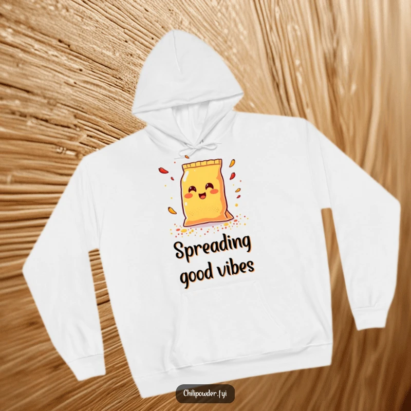 Funny Kawaii chili powder bag smiling gleefully while scattering multicolored spices, a cozy and humorous hoodie.