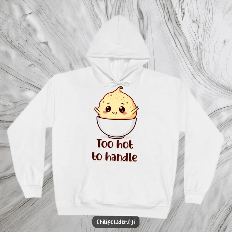 Cozy funny chili powder puff with googly eyes leaping design on a hoodie, perfect for warmth and humor.