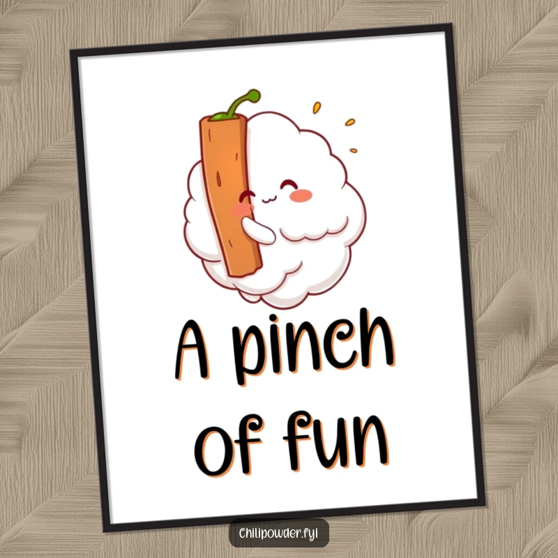 Funny Free Printable Wall Art: Kawaii chili powder cloud playfully tickles a giant cinnamon stick with a mischievous, humorous expression.